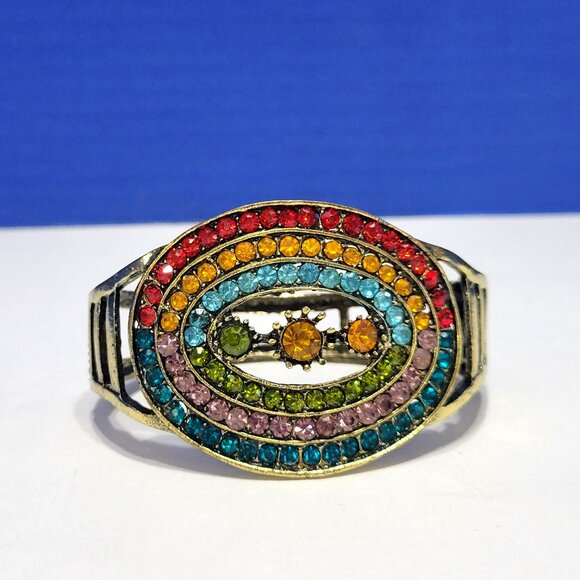 Vintage Rainbow Rhinestone Clamper Bangle Statement Bracelet - Picture 2 of 9